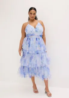 Midi šaty s volány, z jemného tylu, barva: světle modrá s květy