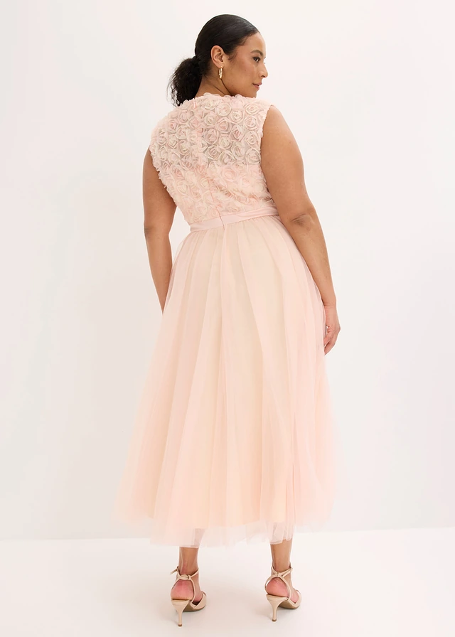 Robe de soirée en tulle délicat avec détails fleurs, Couleur: rose nacré-beige nacré