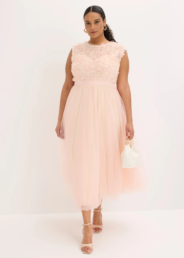 Robe de soirée en tulle délicat avec détails fleurs, Couleur: rose nacré-beige nacré
