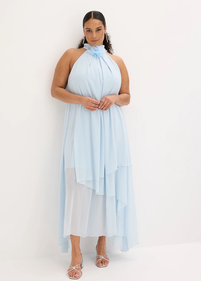 Robe longue avec fleur appliquée, Couleur: bleu poudré