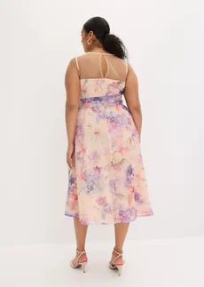 Rochie midi din tul fin, culoare: roz floral