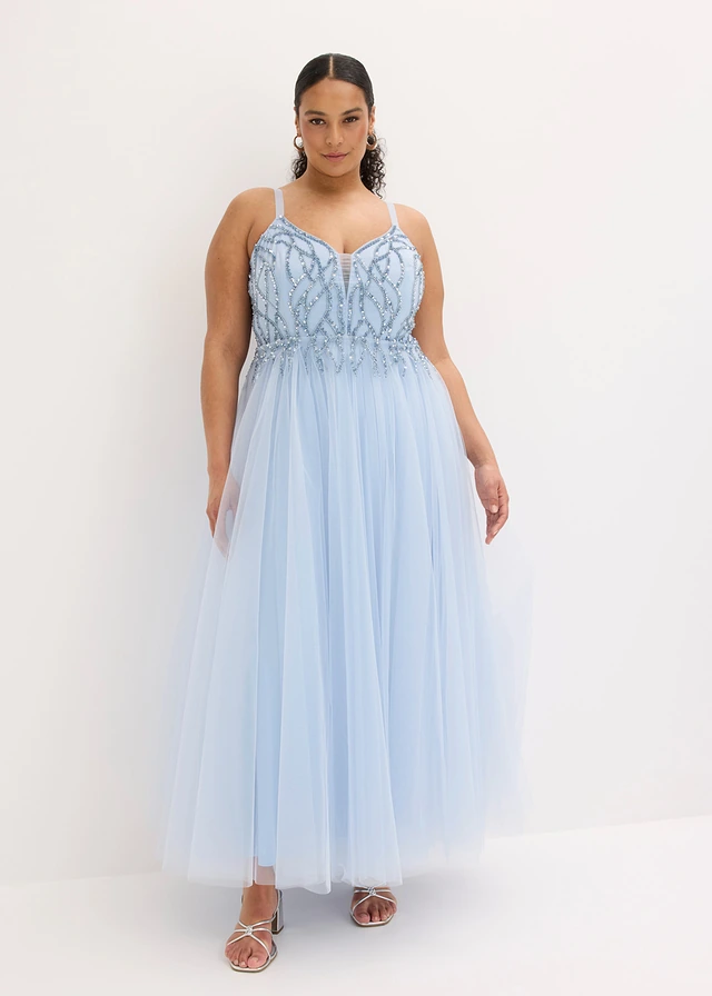 Robe de soirée en tulle avec décors en strass, Couleur: bleu poudré