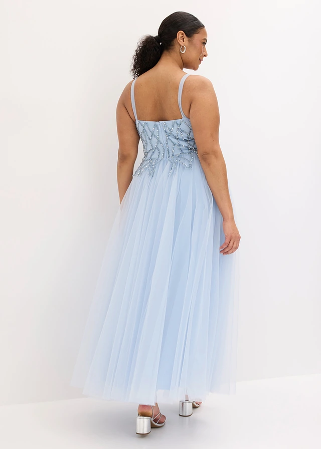 Robe de soirée en tulle avec décors en strass, Couleur: bleu poudré