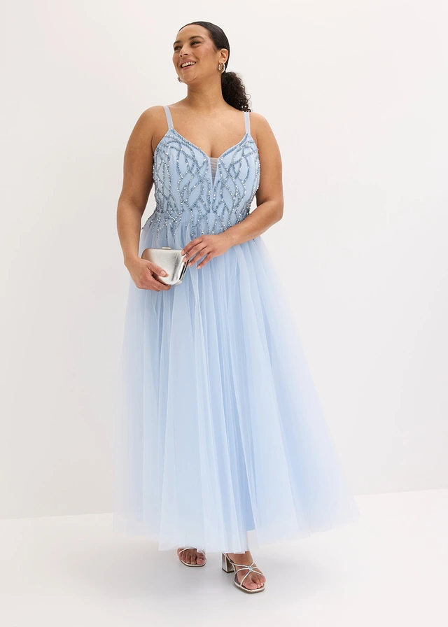 Robe de soirée en tulle avec décors en strass, Couleur: bleu poudré