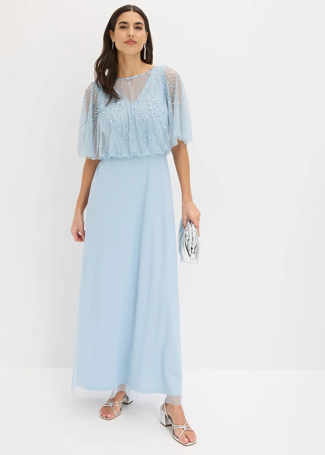 Robe longue en tulle fin avec sequins brodés, Couleur: bleu poudré