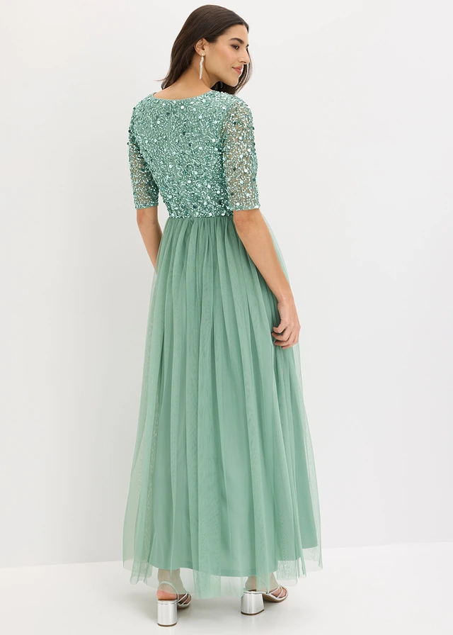 Avondjurk van sierlijke tule met paillettenborduursel • pastelgroen • product-page.page-title-suffix