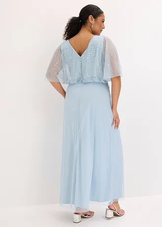Maxi jurk van fijne tule met paillettenborduursel, Kleur: poederblauw