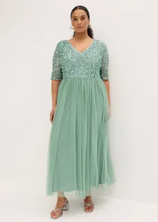 Rochie de seară din tul delicat, brodată cu paiete, culoare: verde pastel