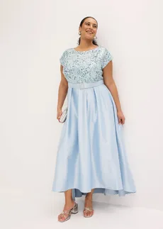 Rochie de seară din satin lucios, cu paiete, culoare: albastru pudrat