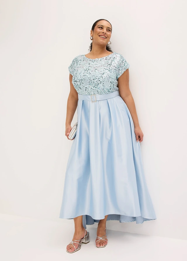 Maxi jurk van glanzend satijn met pailletten, Kleur: poederblauw