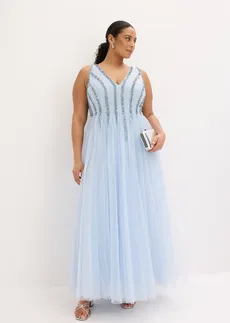Robe longue en tulle fin avec sequins brodés, Couleur: bleu poudré