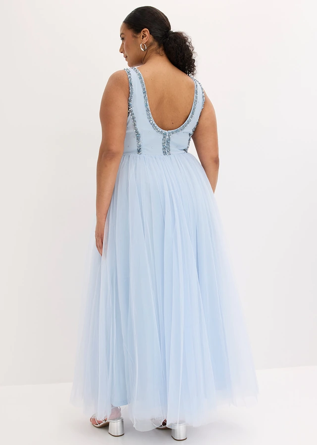 Robe longue en tulle fin avec sequins brodés, Couleur: bleu poudré
