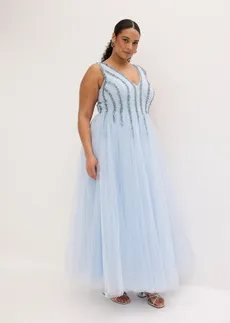 Robe longue en tulle fin avec sequins brodés, Couleur: bleu poudré