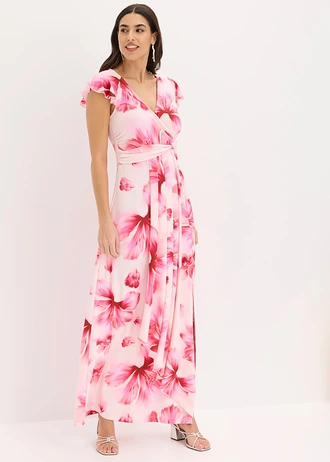 Rochie maxi din jerse fin cu drapaj • roz pal înflorat • magazin bonprix