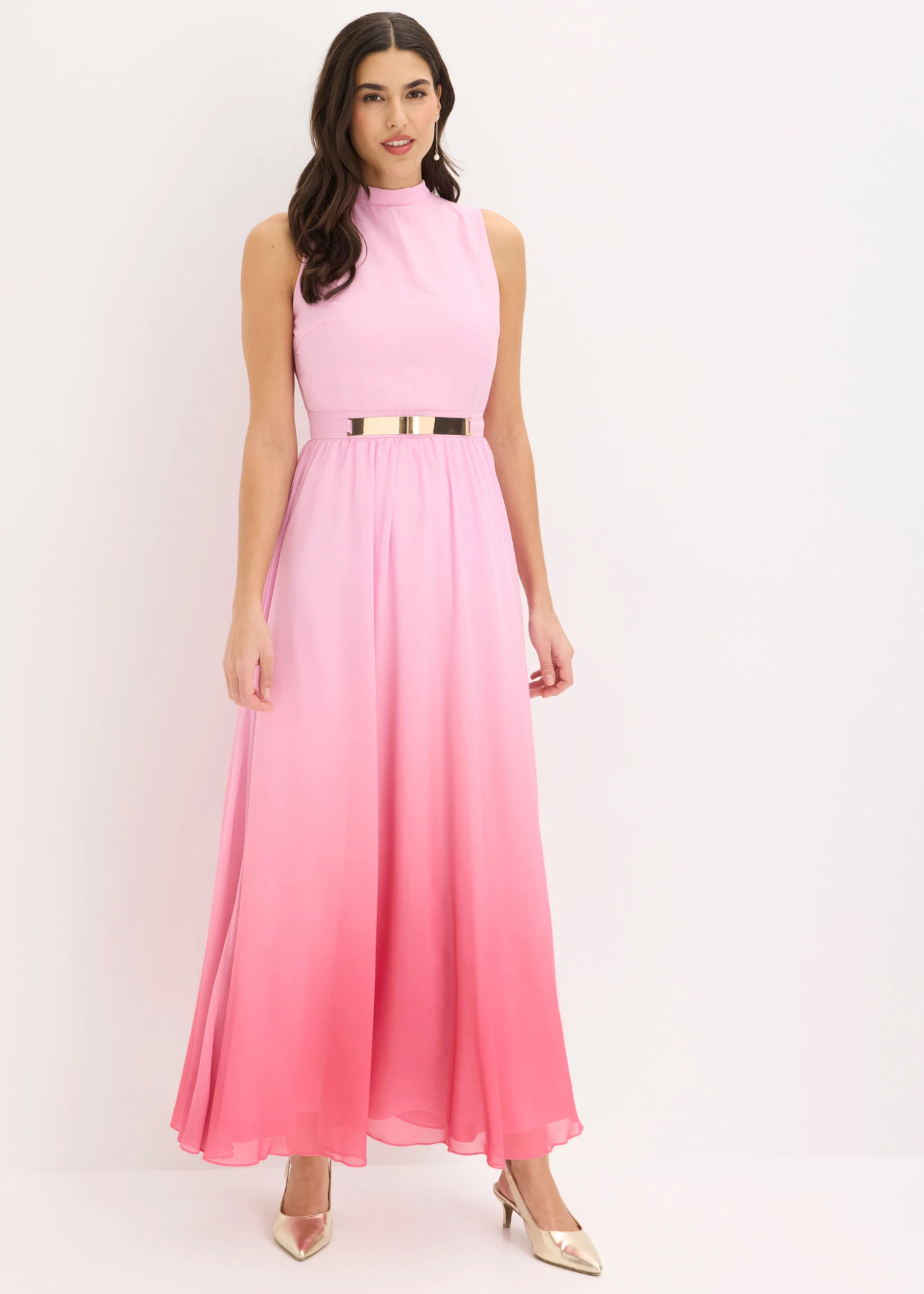 Rochie maxi din șifon cu guler și acesoriu • roz pal imprimat • magazin bonprix