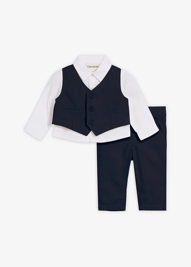 Baby pak: overhemd, gilet en broek van puur katoen (3-dlg. set), Kleur: wit-donkerblauw