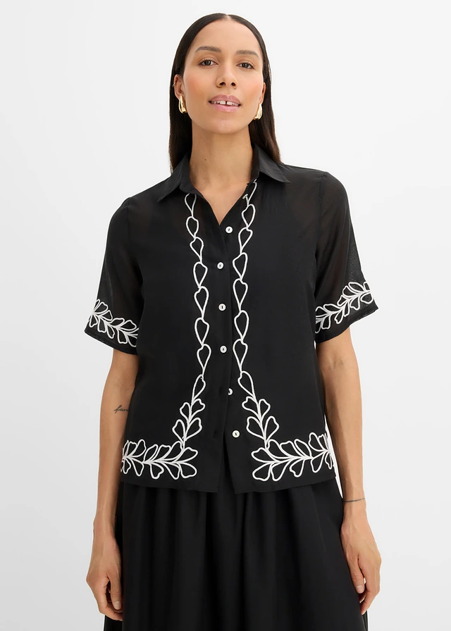 Blouse à broderies, Couleur: noir floral