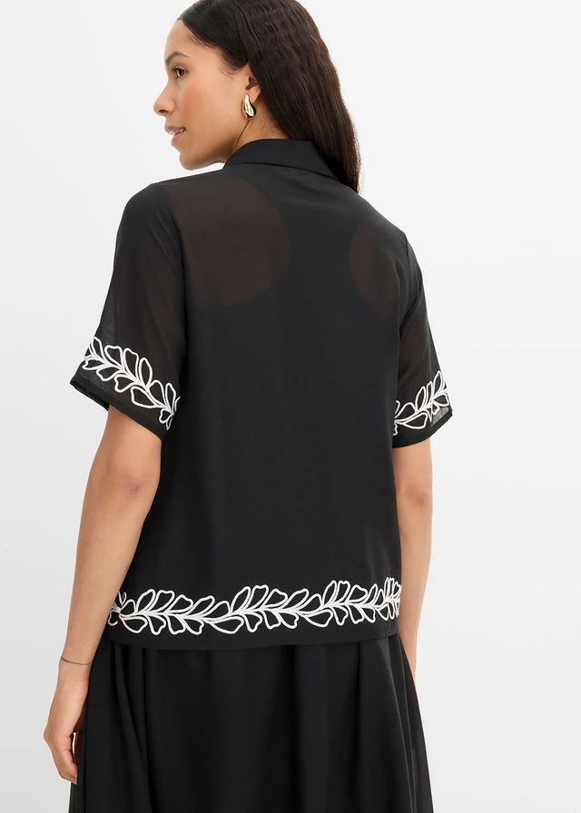 Blouse met borduursel, Kleur: zwart gebloemd