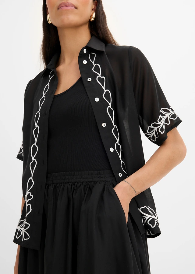 Fustă midi cu broderie • negru floral • magazin bonprix