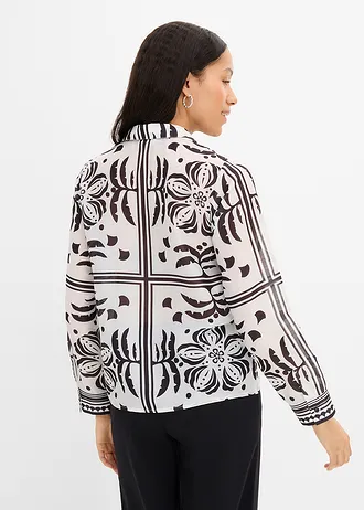 Blouse, Kleur: wolwit-zwart met print