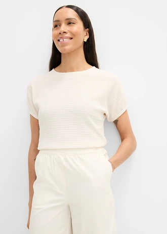 T-shirt van gestructureerd materiaal, Kleur: wolwit