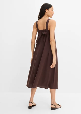 Maxi jurk van een linnenmix met strikdetail aan de achterkant, Kleur: donkerbruin