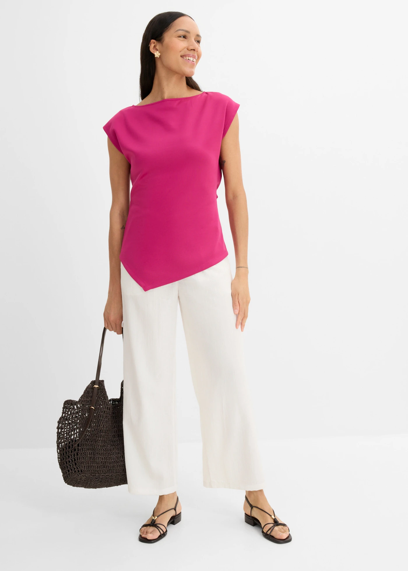 Asymmetrische top van comfortabele scuba • fuchsiapink • bonprix online shop