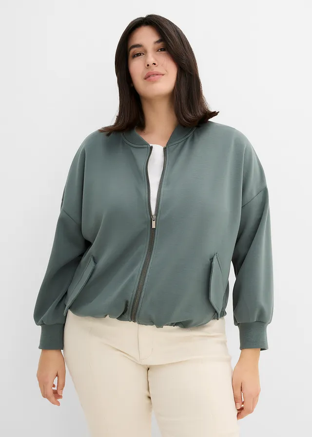 Oversized scuba bomber van een zachte viscose-mix, Kleur: eucalyptusgroen