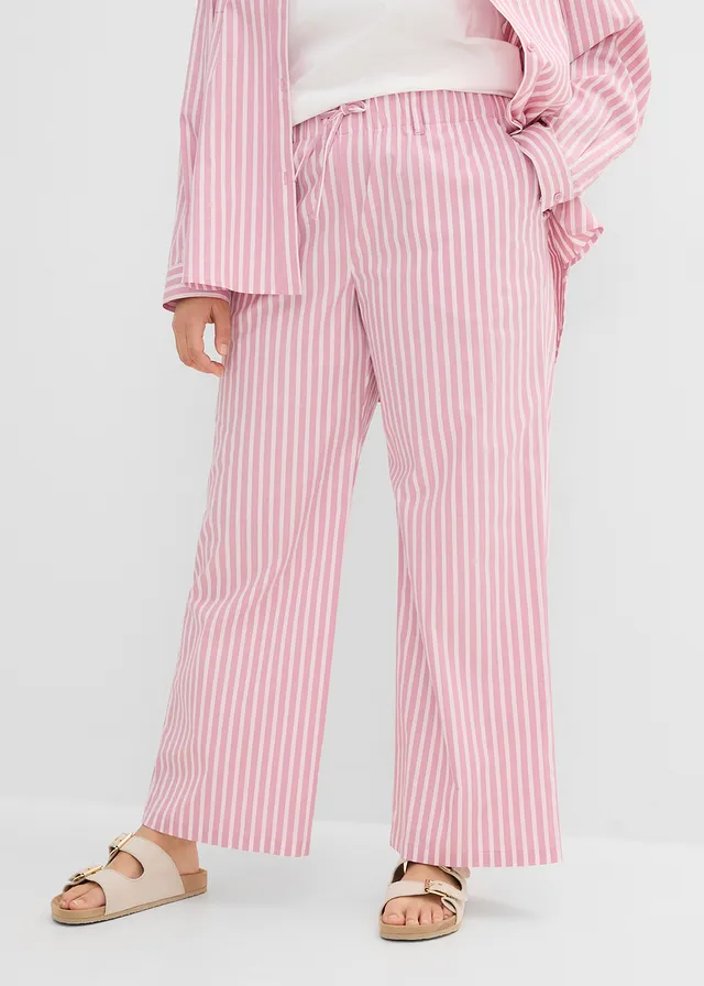 Pantalon palazzo en popeline de coton, Couleur: rose clair-mauve rayé
