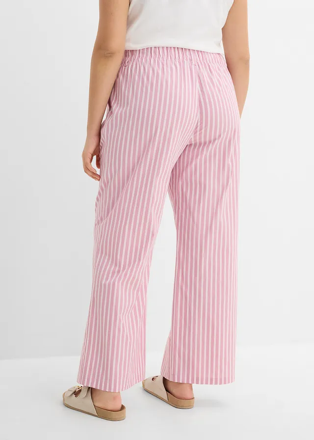 Pantalon palazzo en popeline de coton, Couleur: rose clair-mauve rayé