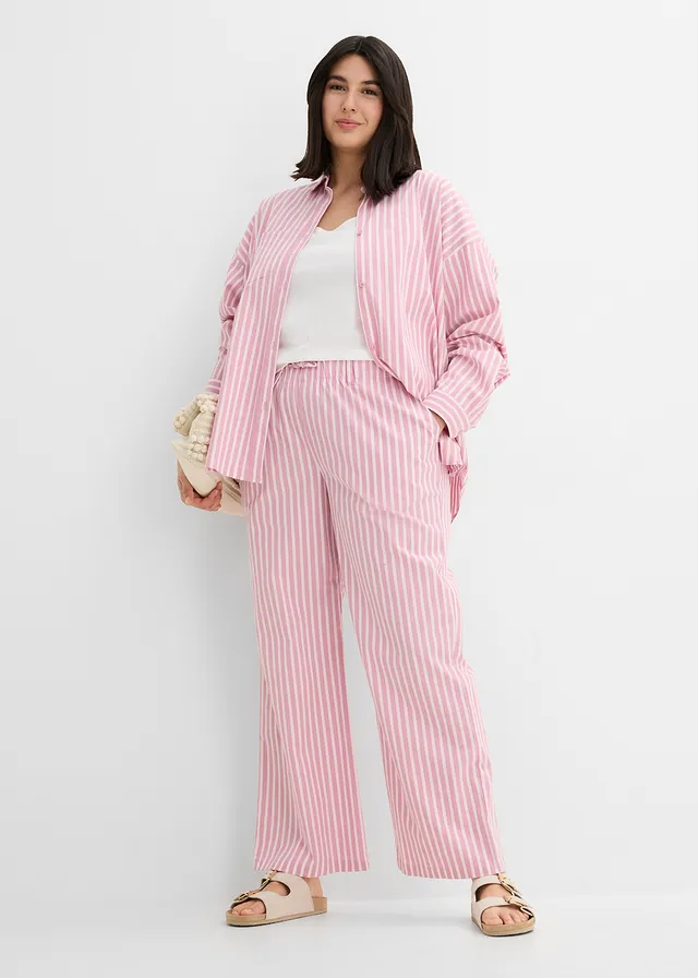 Pantalon palazzo en popeline de coton, Couleur: rose clair-mauve rayé
