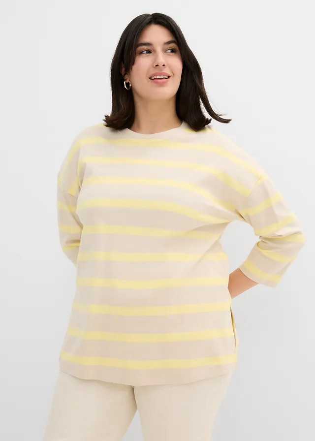 T-shirt long en coton épais, Couleur: sable clair-jaune clair rayé