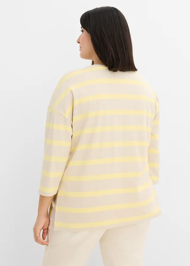 T-shirt long en coton épais, Couleur: sable clair-jaune clair rayé