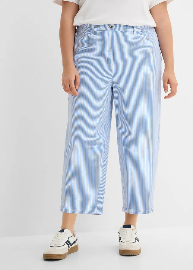 Pantalon barrel à taille haute et élastiquée, Couleur: bleu moyen/écru rayé
