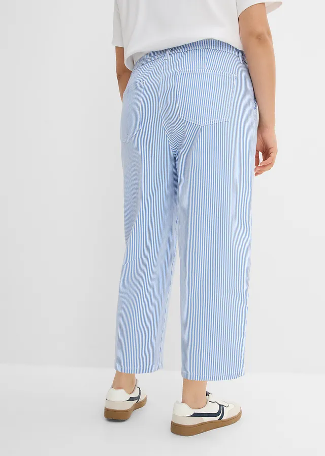 Pantalon barrel à taille haute et élastiquée, Couleur: bleu moyen/écru rayé