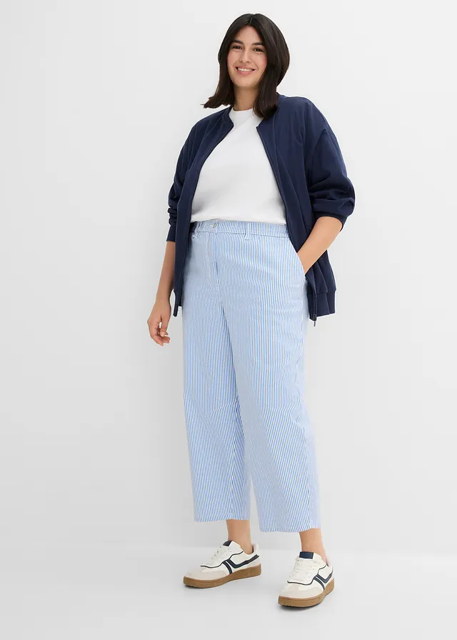 Pantalon barrel à taille haute et élastiquée, Couleur: bleu moyen/écru rayé