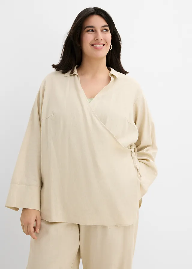 Wikkelblouse van linnenmix, Kleur: lichtsand