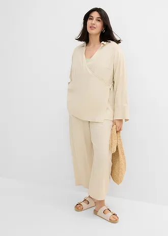 Wikkelblouse van linnenmix, Kleur: lichtsand