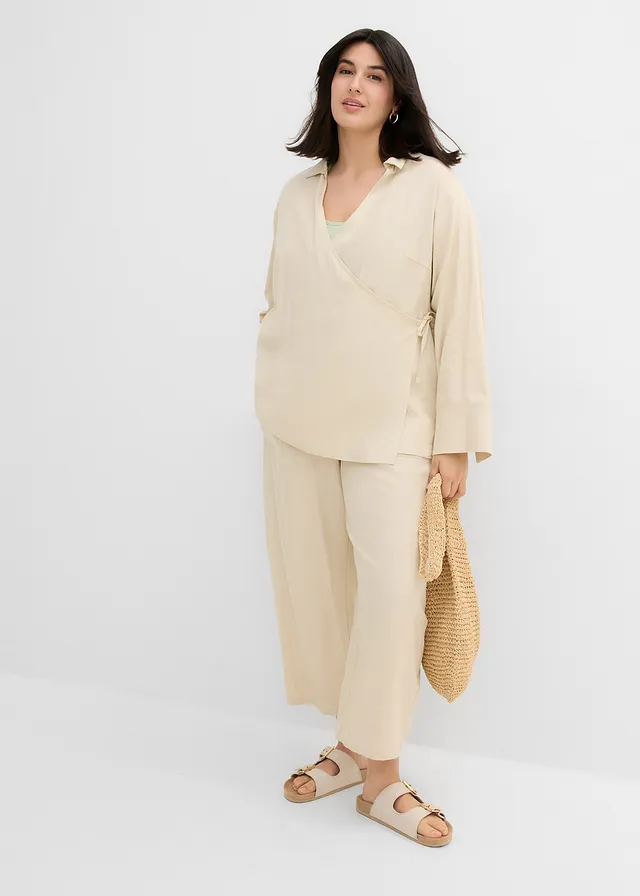 Wikkelblouse van linnenmix, Kleur: lichtsand