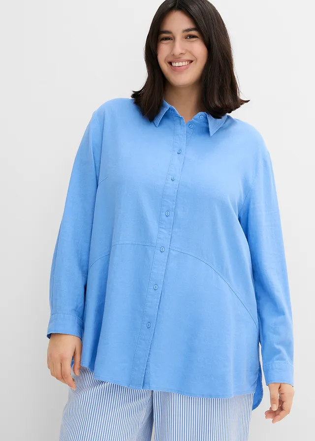 Oversized blouse van linnenmix, Kleur: middenblauw