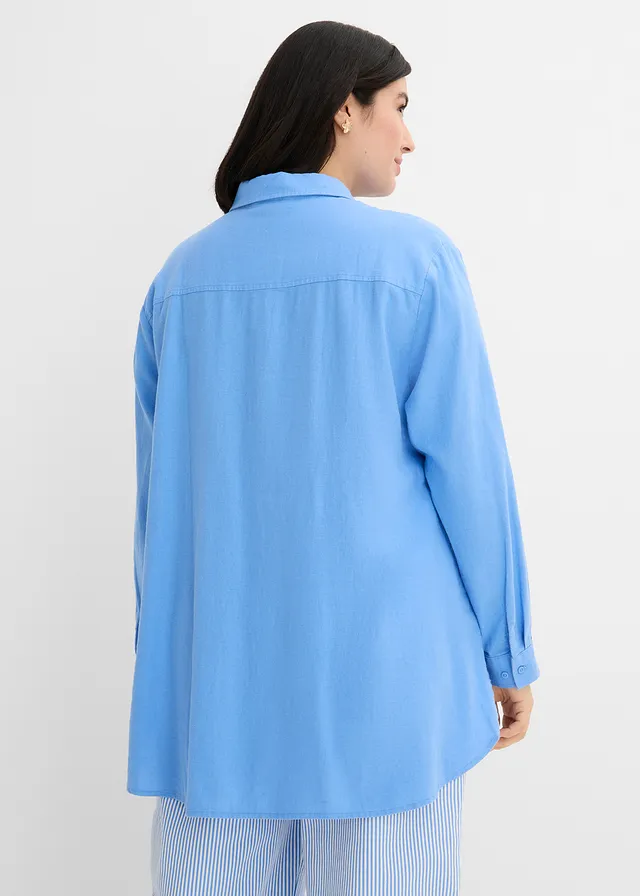 Oversized blouse van linnenmix, Kleur: middenblauw