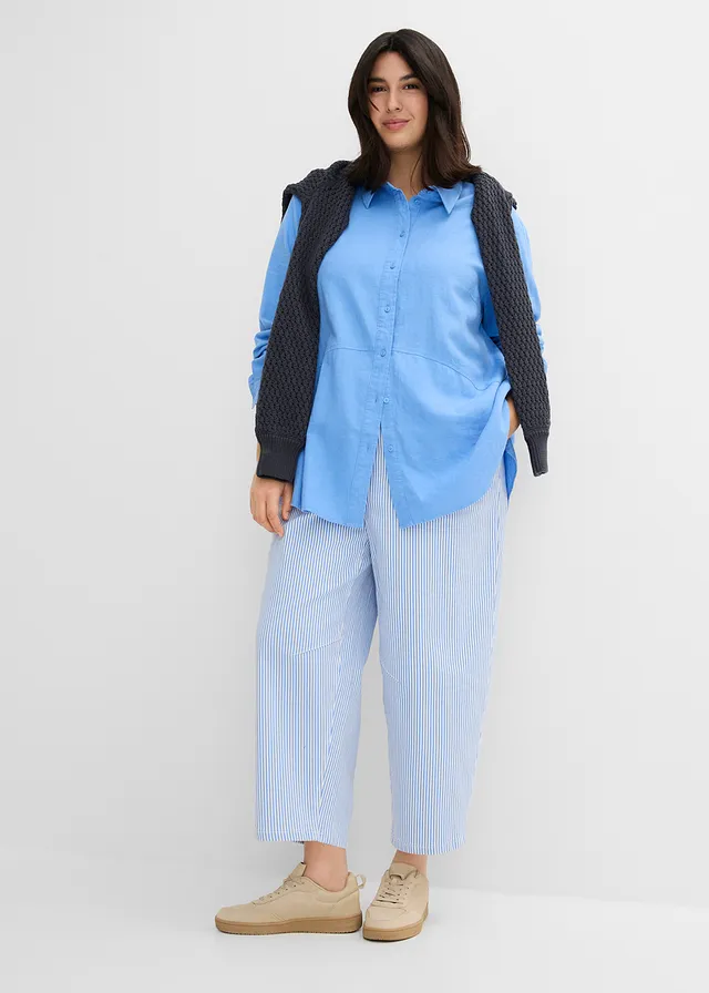Oversized blouse van linnenmix, Kleur: middenblauw