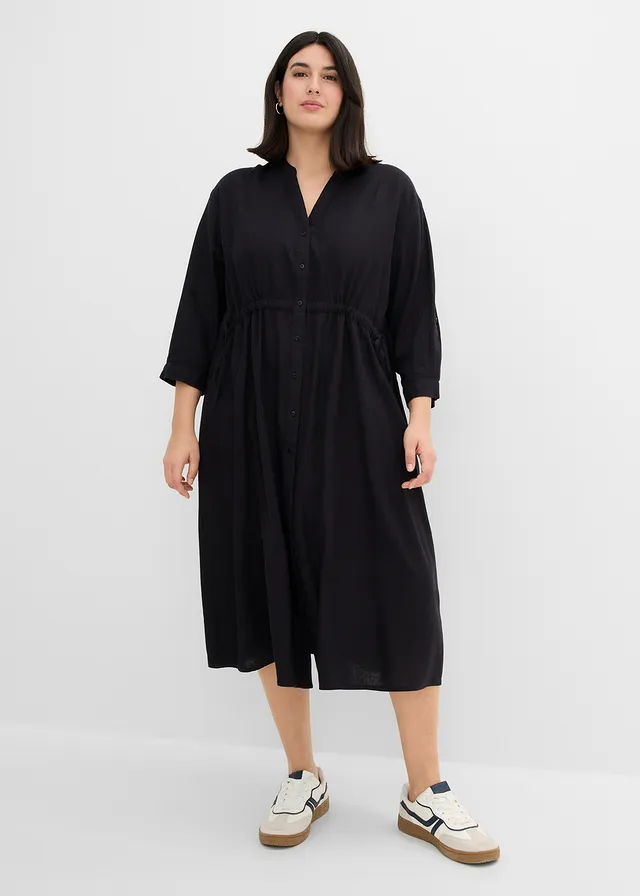 Midi jurk van een linnenmix, Kleur: zwart