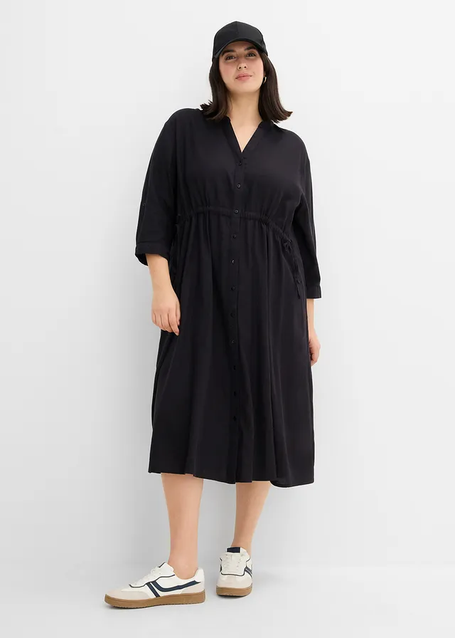 Midi jurk van een linnenmix, Kleur: zwart