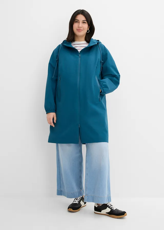 Lichte lange regenjas met schoudertas, Kleur: blauwpetrol