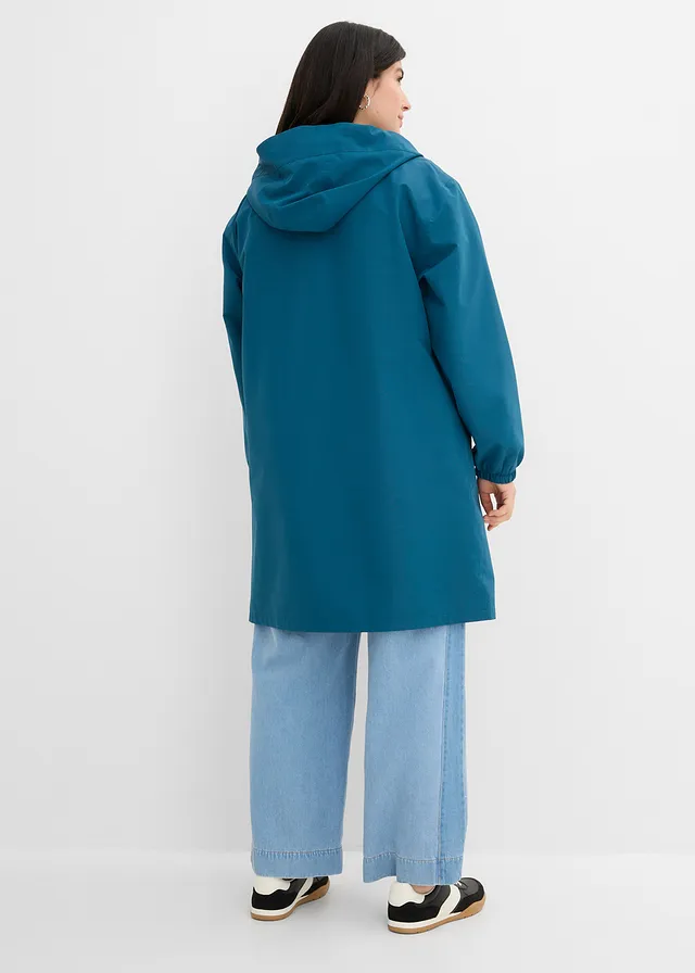 Lichte lange regenjas met schoudertas, Kleur: blauwpetrol