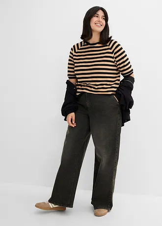 Shirt van zachte badstof, Kleur: zwart-soft beige gestreept