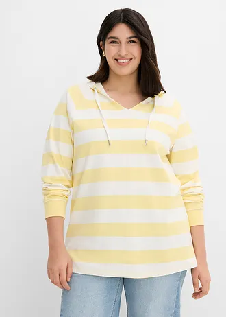 T-shirt manches longues à capuche 100% coton, Couleur: jaune clair-écru rayé