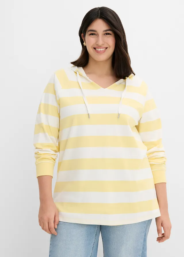 T-shirt manches longues à capuche 100% coton, Couleur: jaune clair-écru rayé