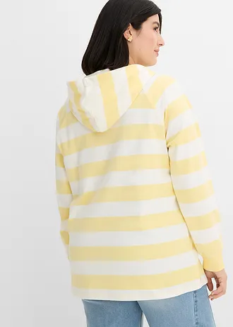 T-shirt manches longues à capuche 100% coton, Couleur: jaune clair-écru rayé